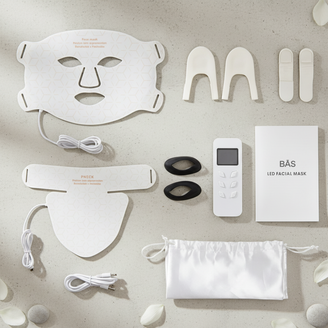 BAS wellness LED facial mask set with components.