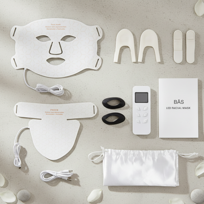 BAS wellness LED facial mask set with components.