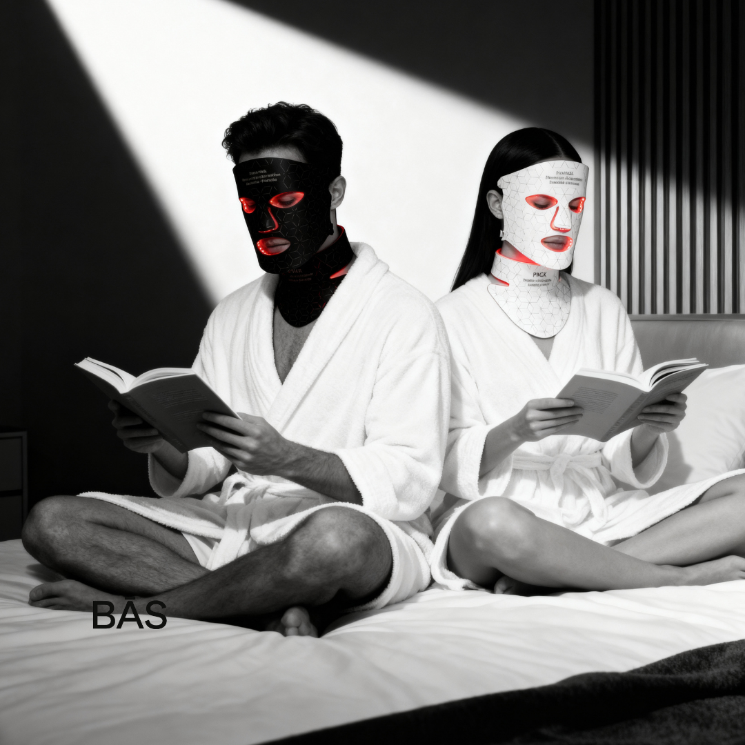 Two people in white robes with black and red face masks reading books on a bed, with 'BAS' branding.