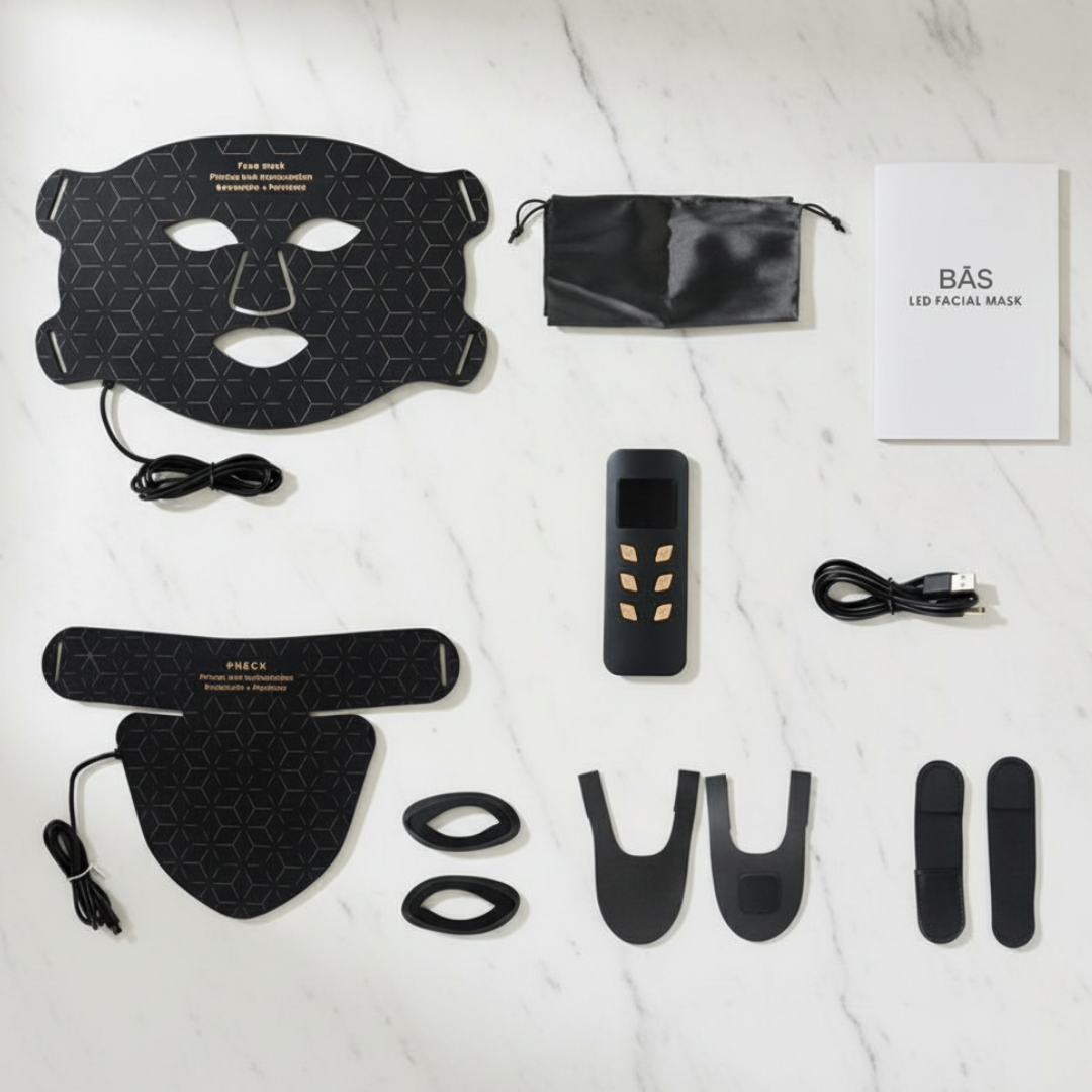 BAS wellness black LED facial masks and electronic devices.